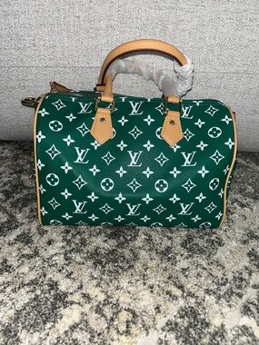 Green Monogram Speedy-Style Tote with Tan Trim